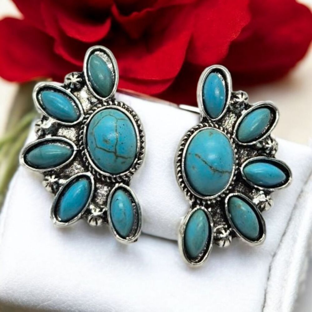 Squash Blossom Turquoise Earrings Boho-Chic Tribal Western Pierced Women Jewelry